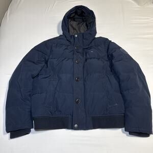 Tommy Hilfiger Mens Large Puffer Jacket Hooded Winter Coat Logo Patch Navy Blue